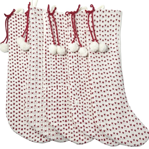 🎄 Hobby Lobby Stocking Set (x5) 21” Knit w/ Poms Red White - Picture 1 of 6